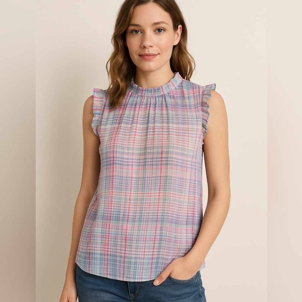 Belle + Sky Sheer Pink Blue Plaid Ruffle Sleeve Blouse XL